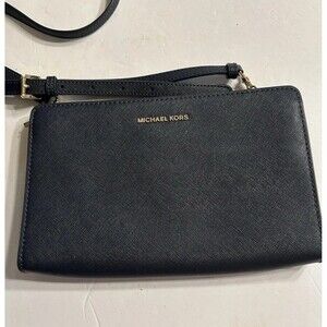 Michael Kors Black Saffiano Crossbody Wristlet with Gold Logo